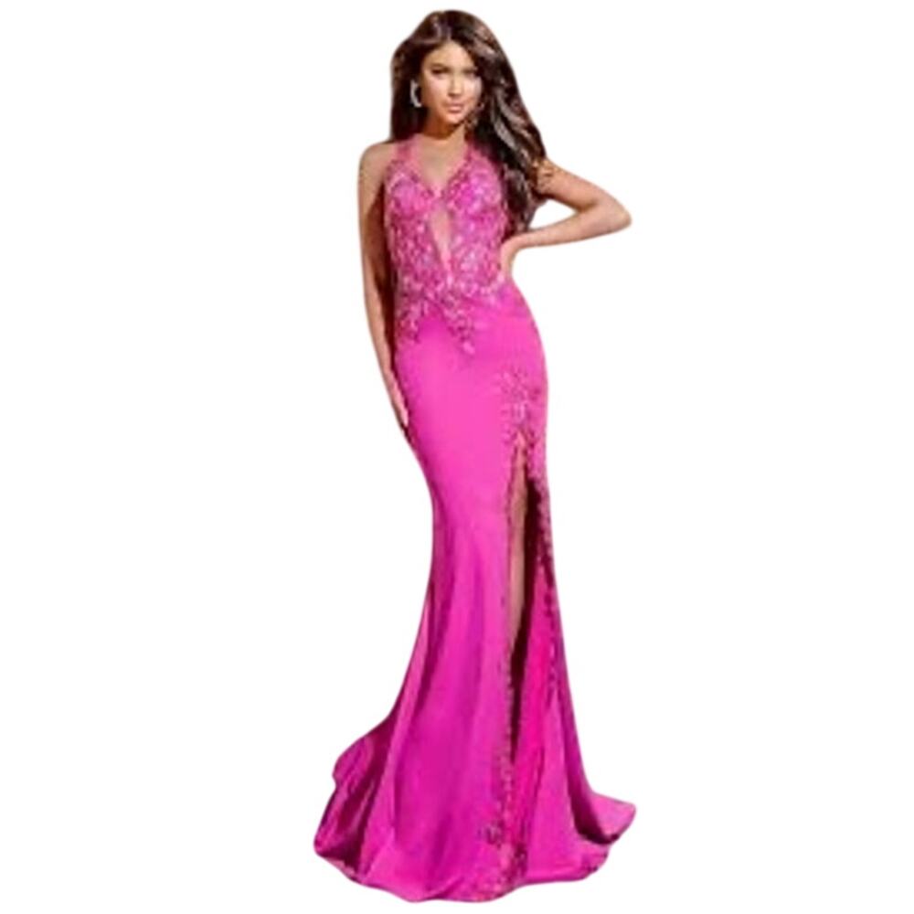 Jovani NWT Embellished Gown with Halter Neck and Lace Up Back in Hot Pink Size 8